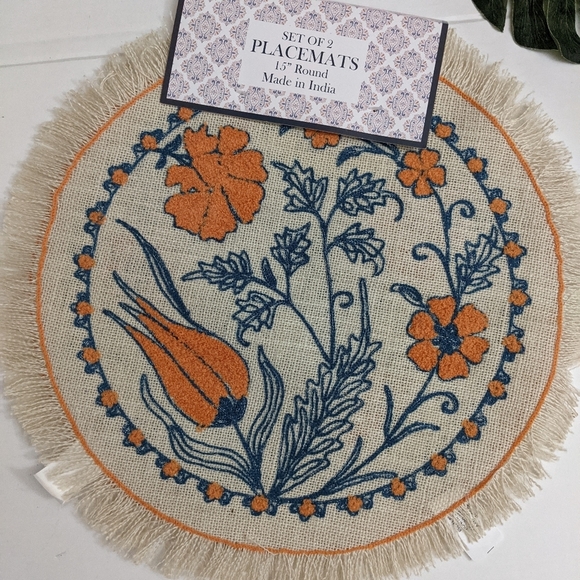 Jute Round Flower Floral S/2 Placemats Orange/Blue made in India - Picture 1 of 4